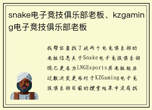 snake电子竞技俱乐部老板、kzgaming电子竞技俱乐部老板